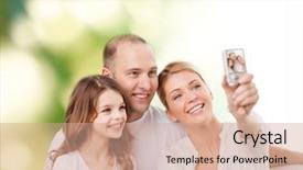  Presentation with green technology - Slides enhanced with family technology ecology and people concept - smiling mother father and little girl making selfie with camera over green background background and a coral colored foreground