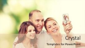  Presentation with green technology - Presentation design with family technology ecology and people concept - smiling mother father and little girl making selfie with camera over green background background and a lemonade colored foreground
