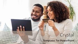  Presentation with family shopping - PPT layouts with family technology online shopping and people concept - happy african american couple couple with tablet pc computer and credit card at home background and a mint green colored foreground