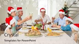 Presentation with family tree - PPT layouts with family toasting wine while having christmas meal against fir tree forest and snowflakes background and a coral colored foreground