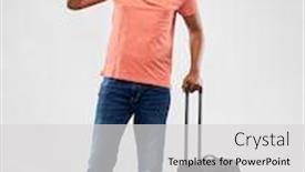  Presentation with family tourism - Colorful PPT theme enhanced with family tourism and vacation concept - puzzled indian man in polo shirt with travel bag shrugging over grey background backdrop and a light gray colored foreground