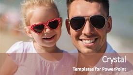  Presentation with adoption - Theme featuring family travel vacation adoption and people concept - happy father with little girl in sunglasses on summer beach background and a coral colored foreground