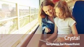  Presentation with woman child - Cool new PPT layouts with family travelling in a train backdrop and a violet colored foreground