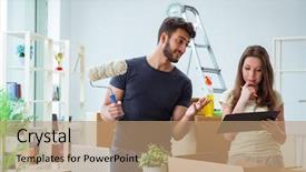  Presentation with house - PPT layouts with family unpacking at new house background and a coral colored foreground