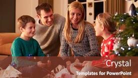  Presentation with family tree - Cool new theme with family unwrapping gifts by christmas tree backdrop and a tawny brown colored foreground
