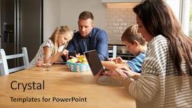  Presentation with kitchen - Slides having family using digital devices background and a coral colored foreground