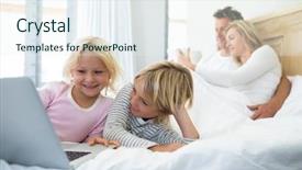  Presentation with global laptop - Audience pleasing theme consisting of family using digital tablet backdrop and a sky blue colored foreground