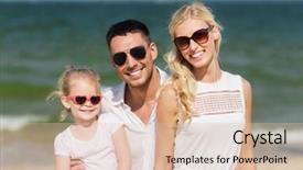  Presentation with adoption - Slide set featuring family vacation adoption and people concept - happy man woman and little girl in sunglasses on summer beach background and a lemonade colored foreground