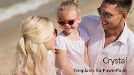  Presentation with adoption - Colorful slide set enhanced with family vacation adoption and people concept - happy man woman and little girl in sunglasses talking on summer beach backdrop and a coral colored foreground