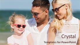  Presentation with adoption - Presentation theme with family vacation adoption and people concept - happy man woman and little girl in sunglasses on summer beach background and a lemonade colored foreground