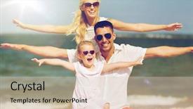  Presentation with adoption - PPT theme enhanced with family vacation adoption and people concept - happy man woman and little girl in sunglasses having fun on summer beach background and a lemonade colored foreground