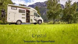  Presentation with caravan - Amazing PPT theme having family-vacation-travel-rv-holiday backdrop and a gold colored foreground