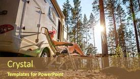  Presentation with caravan - Audience pleasing PPT theme consisting of family-vacation-travel-rv-holiday backdrop and a tawny brown colored foreground