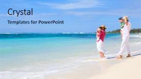  Presentation with white sand - Theme consisting of family vacation young family of four on white sand tropical beach background and a light blue colored foreground