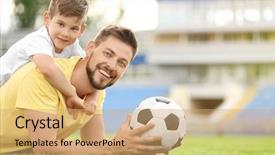  Presentation with family values - Amazing slide deck having family values - dad and son with soccer backdrop and a coral colored foreground