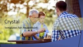  Presentation with family values - Slide set featuring family values - grandfather teaching his grandson chess background and a soft green colored foreground
