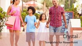  Presentation with family shopping - PPT theme consisting of family walking along street background and a coral colored foreground