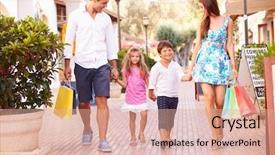  Presentation with family shopping - Audience pleasing PPT layouts consisting of family walking along street backdrop and a coral colored foreground