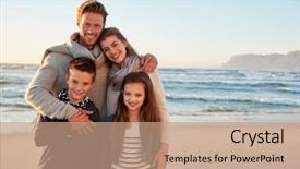  Presentation with holding hands family walking - Colorful presentation theme enhanced with family walking along winter beach backdrop and a coral colored foreground