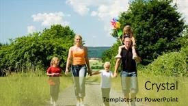  Presentation with family day - PPT theme having family walking down a path on a bright summer day a village in the background background and a yellow colored foreground