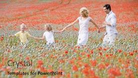  Presentation with holding hands family walking - PPT theme enhanced with family walking in poppy field background and a coral colored foreground