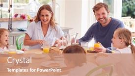  Presentation with family - PPT theme consisting of family-wearing-pyjamas-sitting-around background and a coral colored foreground