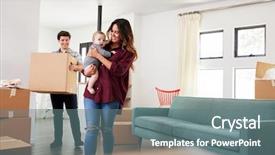  Presentation with new baby - Colorful PPT theme enhanced with carry - family with baby carrying boxes backdrop and a gray colored foreground