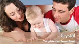  Presentation with baby book - Presentation theme featuring family with baby read book background and a coral colored foreground