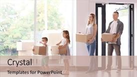  Presentation with boxes - Colorful PPT layouts enhanced with family with cardboard boxes standing backdrop and a coral colored foreground