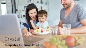  Presentation with happy birthday cake - Amazing PPT theme having family-with-child-congratulates backdrop and a coral colored foreground