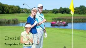  Presentation with golf course - Slide deck with family with child on a golf course background and a mint green colored foreground