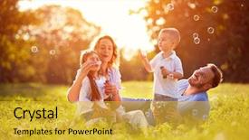  Presentation with soap sparkling air bubbles - Slide set with family with children blow soap background and a yellow colored foreground