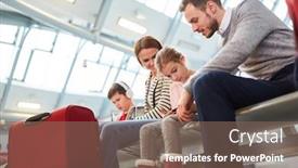 Presentation with airport terminal - Audience pleasing PPT theme consisting of family-with-children-in-airport backdrop and a violet colored foreground