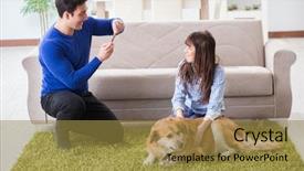  Presentation with happy birthday gold - Slide deck featuring family with golden retriever dog background and a  colored foreground