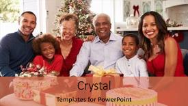  Presentation with black family - Cool new PPT layouts with family with grandparents opening christmas backdrop and a coral colored foreground