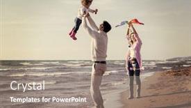  Presentation with kite - Beautiful slide deck featuring family with little daughter resting and having fun with a kite at beach during autumn day colored filter backdrop and a gray colored foreground