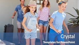  Presentation with luggage - Presentation theme consisting of going home - family with luggage leaving house background and a teal colored foreground