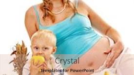  Presentation with woman child - Audience pleasing presentation theme consisting of family with pregnant woman and child preparing food isolated backdrop and a coral colored foreground