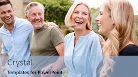  Presentation with family talking - Beautiful slide set featuring family with senior parents and adult offspring walking and talking in garden together backdrop and a light blue colored foreground