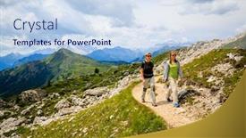  Presentation with time travel - Colorful presentation design enhanced with family with teenager trekking on dolomites mountain in summer time in italy concept of travel friendly family backdrop and a sky blue colored foreground