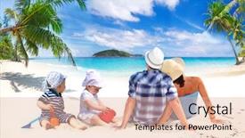  Presentation with holidays - Slides with family with twins on sun holidays at the tropical beach background and a lemonade colored foreground