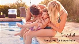  Presentation with swimming pool - PPT theme consisting of family-with-young-son-sitting background and a coral colored foreground