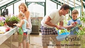  Presentation with working together - Amazing presentation design having hanging basket flowers - family working together in greenhouse backdrop and a coral colored foreground