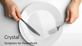  Presentation with cutlery - Theme consisting of famine - male hands holding silver cutlery background and a light gray colored foreground