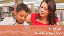  Presentation with library - Presentation design consisting of famle adult studying at library background and a coral colored foreground