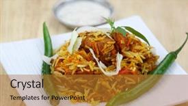  Presentation with chicken - Colorful PPT theme enhanced with famous indian dish chicken biryani made with spices and rice backdrop and a gold colored foreground