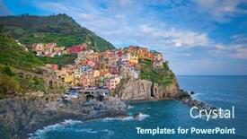  Presentation with italy - Colorful PPT layouts enhanced with famous-italian-landmark-manarola-village backdrop and a ocean colored foreground
