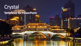  Presentation with cable stayed bridge over river - Theme enhanced with famous landmark of chengdu - anshun background and a wine colored foreground