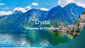  Presentation with panoramic - Colorful presentation enhanced with famous mountaineers - hallstatt old town panoramic view backdrop and a ocean colored foreground