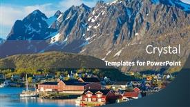  Presentation with summer sun - Presentation design with famous-norwegian-reine-the-fishing background and a gray colored foreground